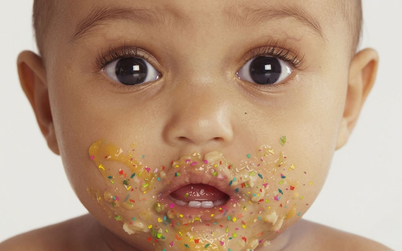 Baby with food and microplastics around the mouth